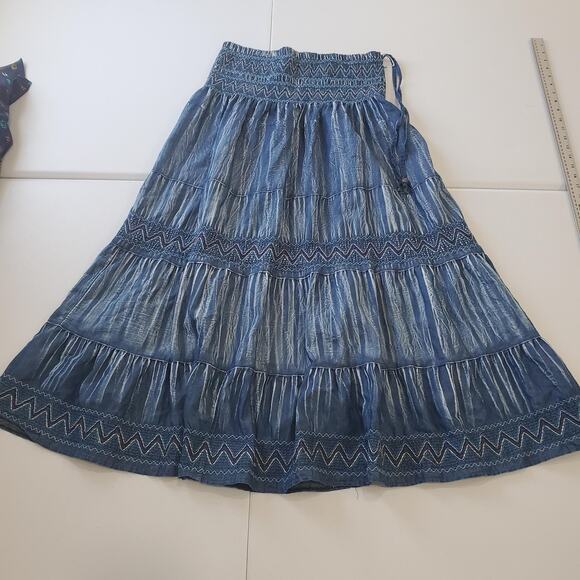 Whimsigoth Fairy Grunge Skirt Womens Large Blue Boho Tiered Maxi Smocked Waist - Picture 1 of 8